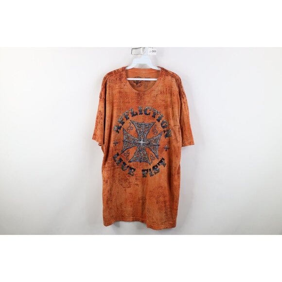 Vtg Y2K Affliction Mens 3XL Spell Out Tribal Cross UFC MMA Fighting T-Shirt USA